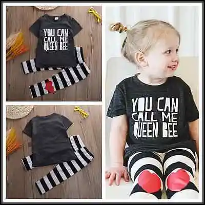 

2016 Top Toddler Kids Baby Girls Outfit Clothes Short Sleeve Letter Printed T-shirt Tops+Long Striped Heart Pants