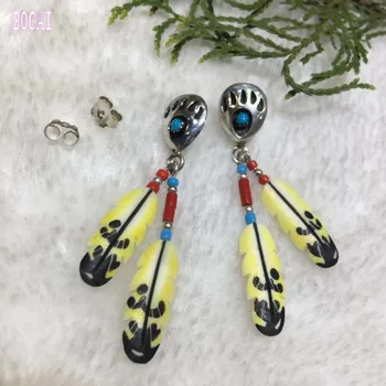 

925 sterling silver Indian style beef bones, painted feathers women's earrings inlaid with natural stones