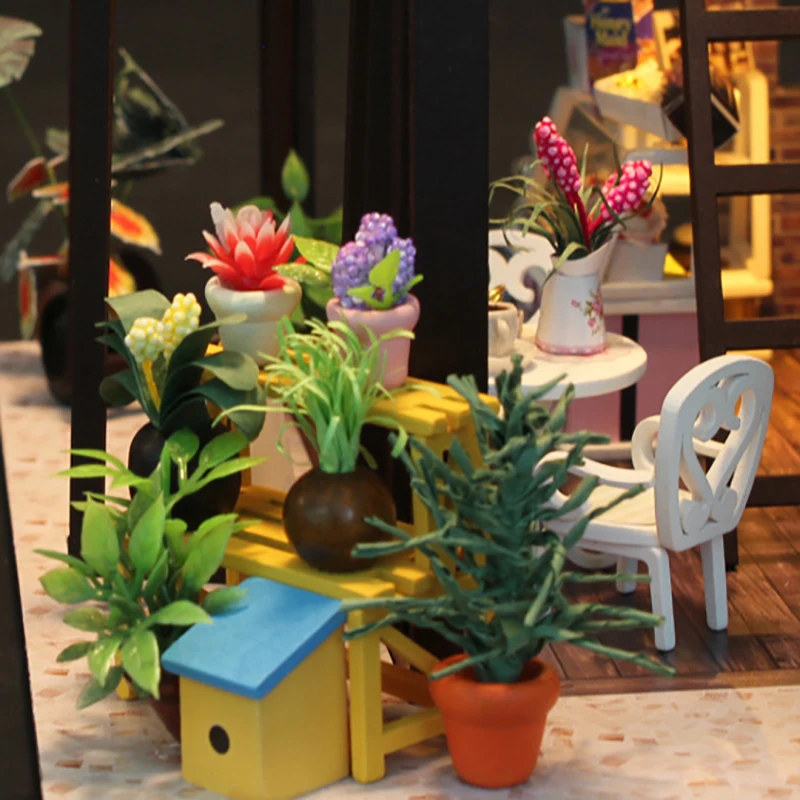 DIY Doll House Furniture Miniature For Dollhouse Light Wooden House For Dolls Toys For Children Gift Happiness A Cup Of Coffee