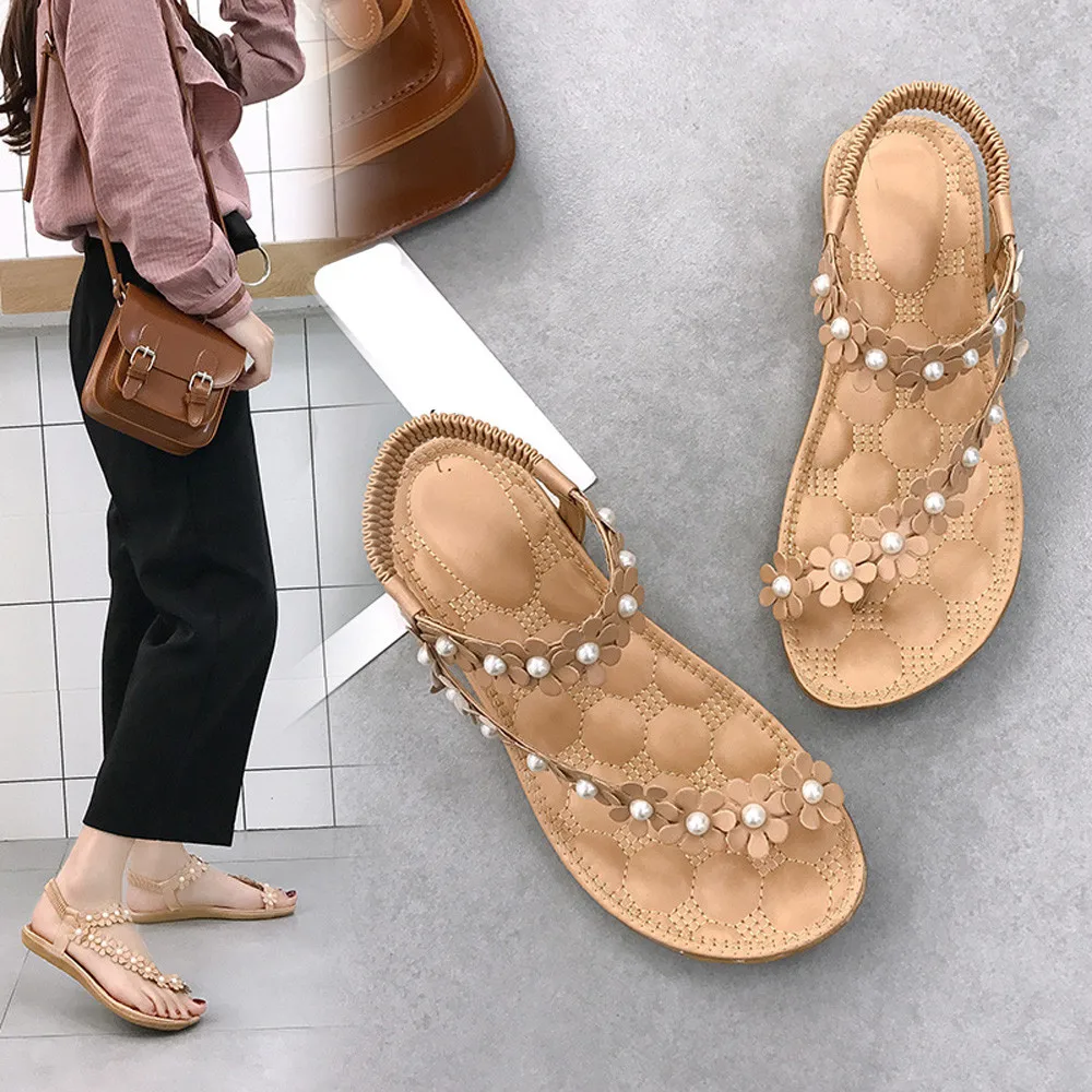 

Women Summer Bohemia Flower Beads Flip-flop Shoes female fashion 2019 beach sweet holiday Flat Sandals footwear female shoe