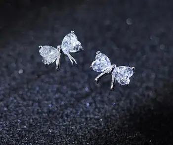 

(Small earrings) 100% Real. 925 Sterling Silver Fine Jewelry Clear CZ Stone Ribbon Bow Stud earrings girls' GTLE1679