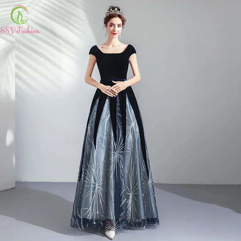 

SSYFashion New Black Evening Dress Vintage Velour Cap Sleeves Floor-length Elegant Formal Party Gowns Robe De Soiree