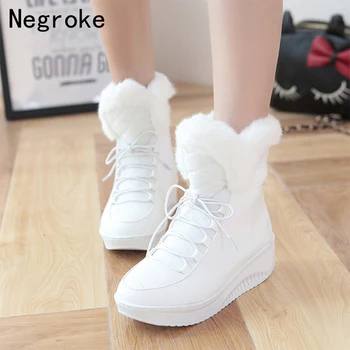 

Black White Women Boots Warm Plush Winter Shoes Woman Wedge Botines Mujer 2019 Plus Size Rubber Platform Ankle Snow Boots