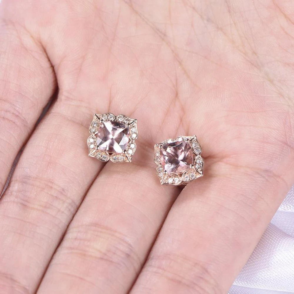 Твердые 14 к розовое золото 5 мм подушки легкие розовые Moissanite& Morganite серьги гвоздики для женщин элегантный подарок на день рождения ювелирные украшения