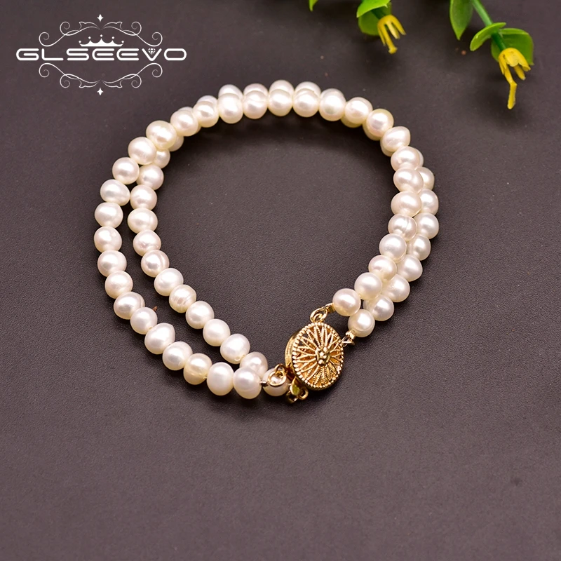 GLSEEVO Natural Fresh Water Pearl Bracelet Double Pearl Bracelet For Women Wedding Engagement Gift Handmade Fine Jewelry GB0169