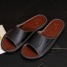 Домашние тапочки из натуральной кожи, мужские тапочки, домашняя обувь, мужские и женские кожаные сандалии на плоской подошве, Повседневная летняя обувь для пары