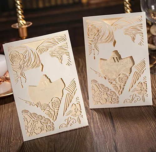  20Pcs Red & White Laser Cut Wedding Invitations Card Bride and Groom Kiss Hollow-Out Engagement Bri - 33022910012