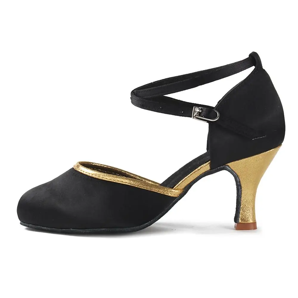Обувь для латинских танцев для взрослых, для женщин, девочек, детей, для современных танцев, атласная бальная танцевальная обувь на каблуке около 7 см/5 см - Цвет: Black gold  7CM