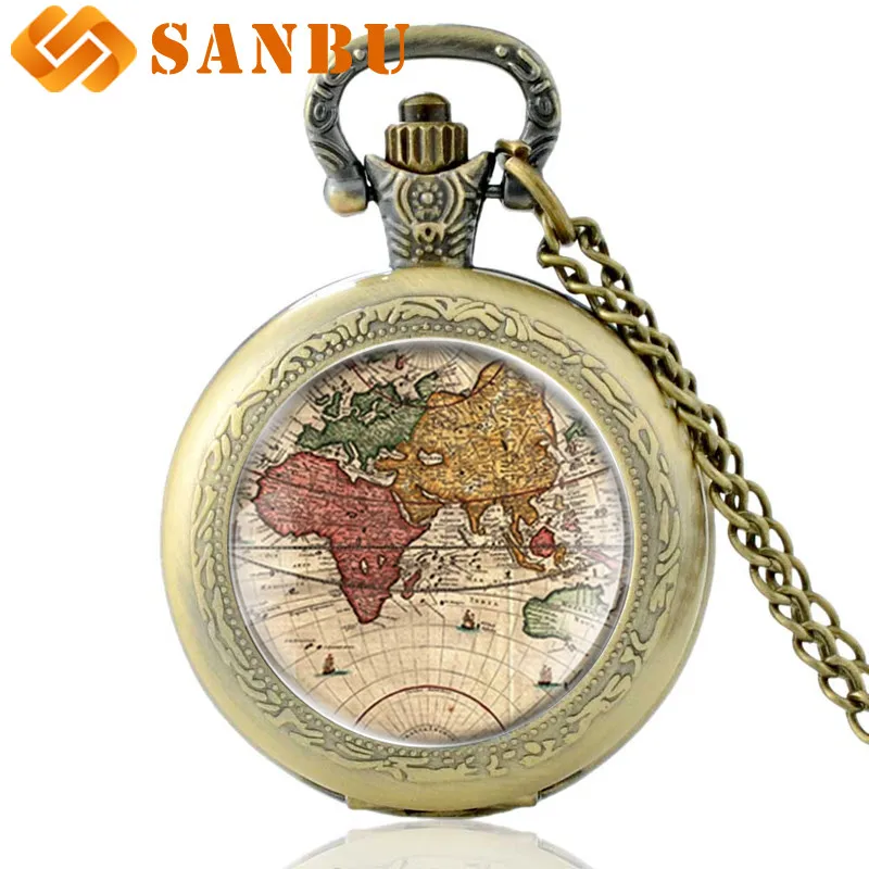 

Retro World Map Silver Quartz Pocket Watch Vintage Men Women Classic Map Pendant Necklace