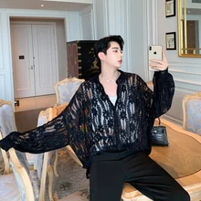 Для мужчин с длинным рукавом безразмерная Винтаж модная кружевная блузка с прорезями мужской Для женщин уличная одежда в стиле «хип-хоп», свободные вечерние платье черный БЕЛЫЕ РУБАШКИ