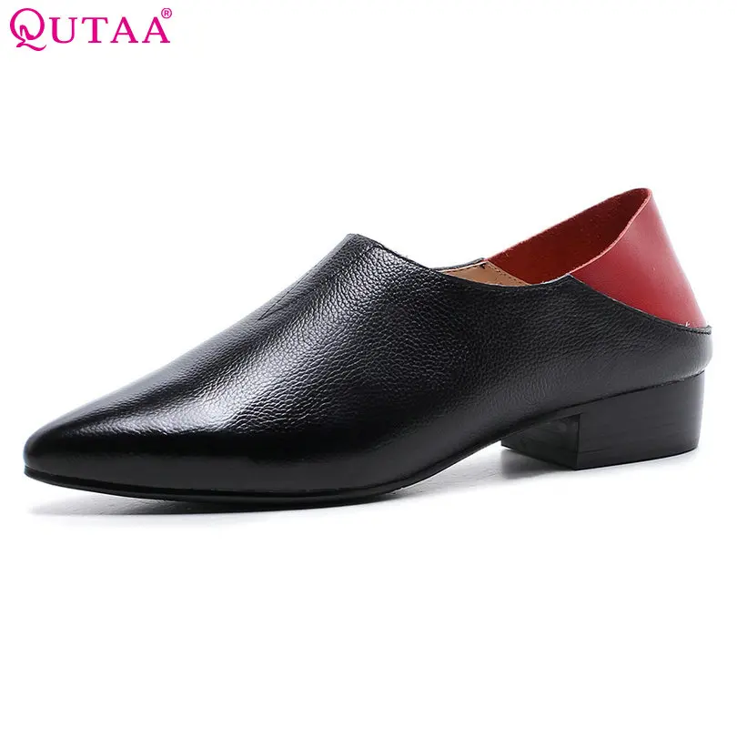 

QUTAA 2018 Women Pumps Pointed Toe Shoes Genuine Leather +pu Square Low Heel Mixed Color Platform Ladies Pumps Szie 34-39
