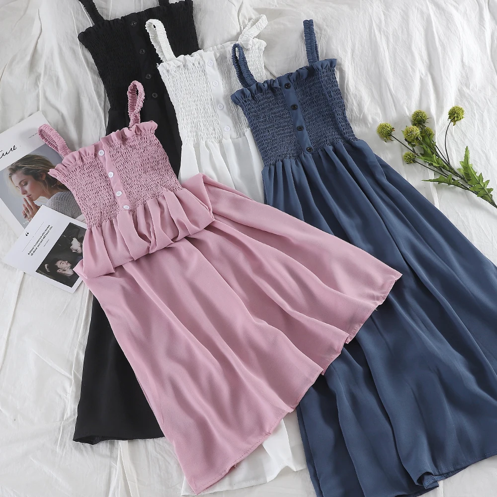 

2019 Women Summer Slash Neck Spaghetti Strap Halter Pullover Button Dress Casual Elastic Slim High Waist Pleated Ruffles Dress