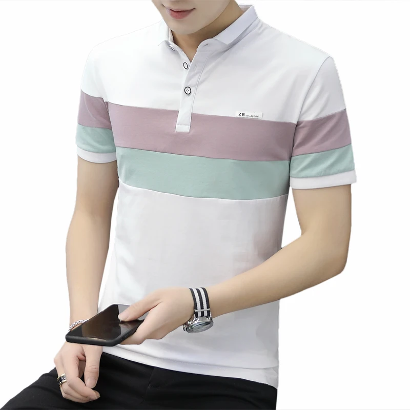 

Male Casual POLO M-3XL New Mans Short Sleeve Cotton Polo Shirts Men Double color Stripe Button polo High Quality polo Homme