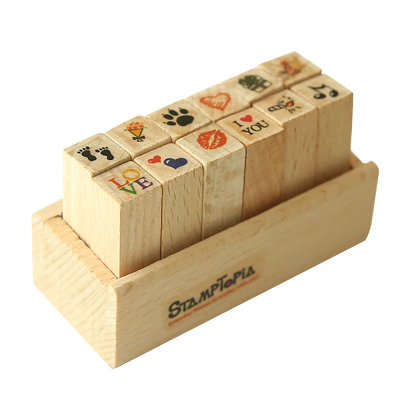 12 Pcs/Set Mini Cute Cat DIY Wooden Rubber Stamp Set Crafts Handmade Decal Scrapbooking Photo Album Gift for Children