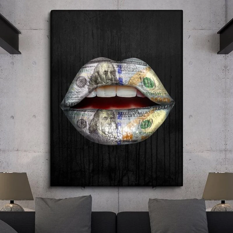 

Modern Wall Art Black Sexy Lips And Dollars Canvas Painting Abstract Posters and Prints Wall Pictures For Living Room Cuadros