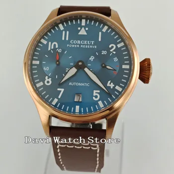 

42mm Leather Brown Band Blue Dial Date Power Reserve Automatic mens Watch 2700
