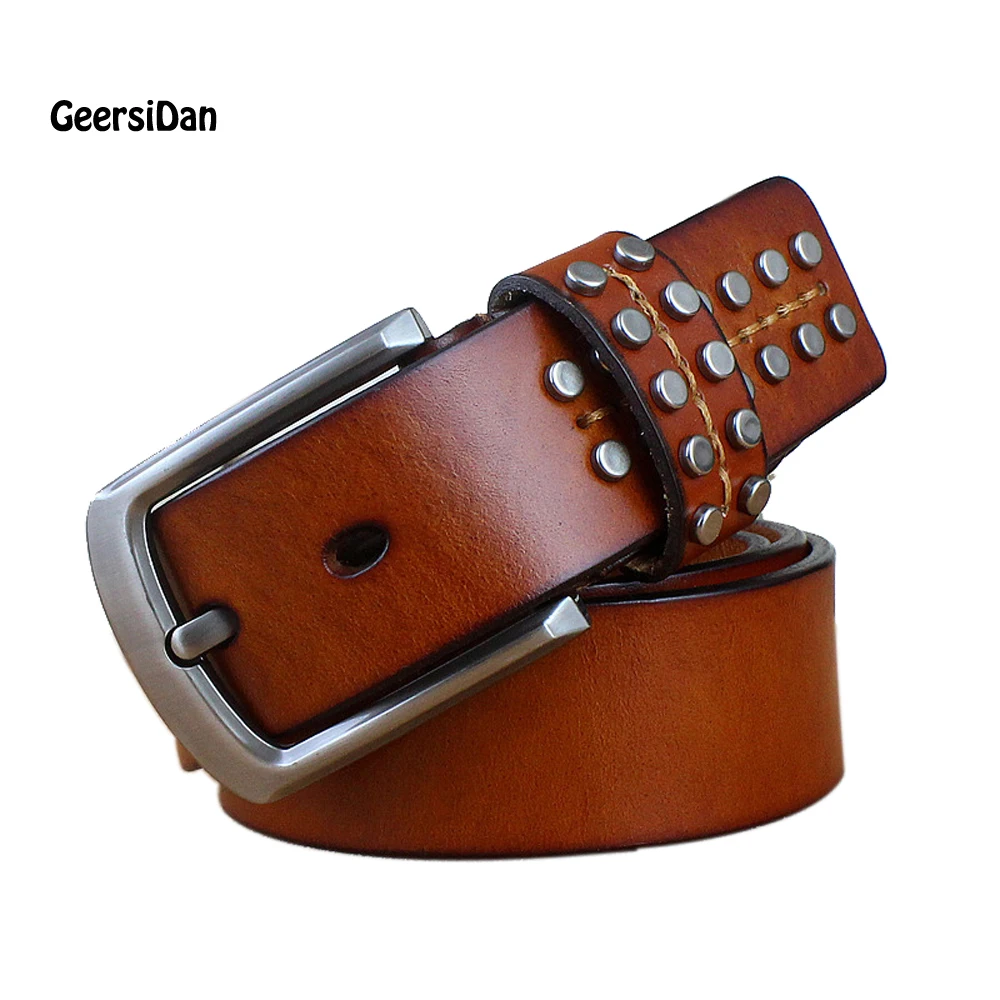 

GEERSIDAN Rivet men's belt genuine leather luxury belts for men buckle fancy vintage jeans cintos masculinos ceinture homme