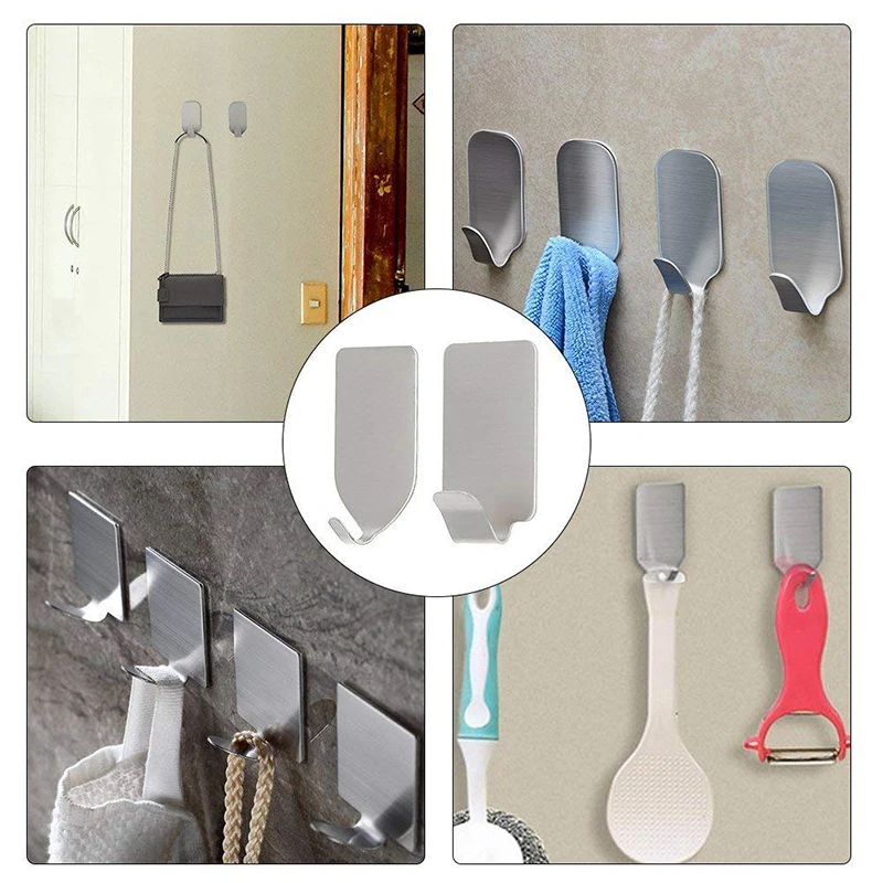 Stainless Steel Stick Hooks Hanger Adhesive Kitchen Wall Door Bathroom