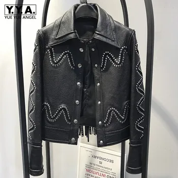 

Luxury Heavy Work Rivet Tassel Real Leather Female jackets Moto Biker Single Breasted Lapel Womens Sheepskin Solid Short Coats