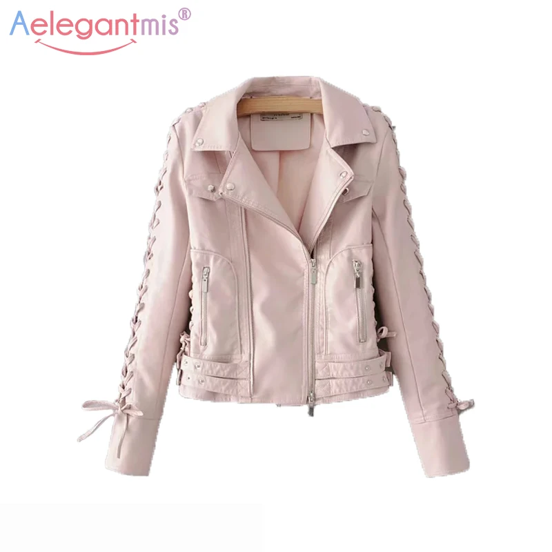 

Aelegantmis Women High Street Casual Pu Leather Jacket Faux Leather Biker Jacket Ladies Turn-down Collar Short Soft Jacket Coat