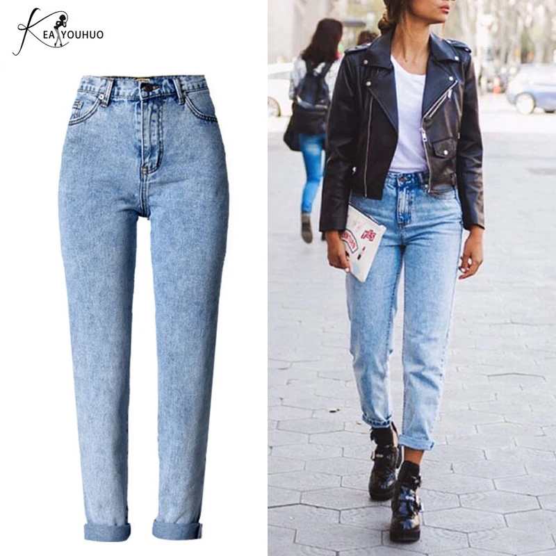 Winter 2018 Solid Wash Bleached Female Boyfriend Jeans For Women Blue High Waist Denim Loose Ladies Skinny Jeans Woman Mom Jeans