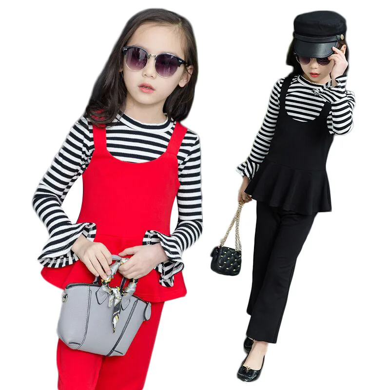 Kids Sets for Girls Vest+ Long Sleeve Stripe T Shirt +pant 3Pc Sets