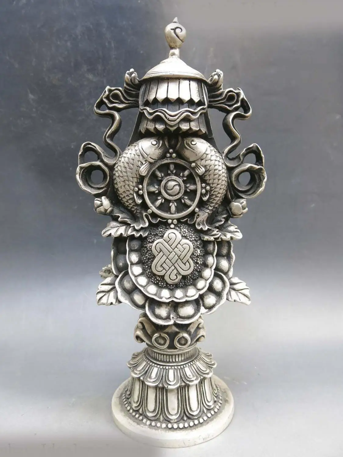 

10" China silver Feng Shui buddhism good luck eight treasures sculpture Statue