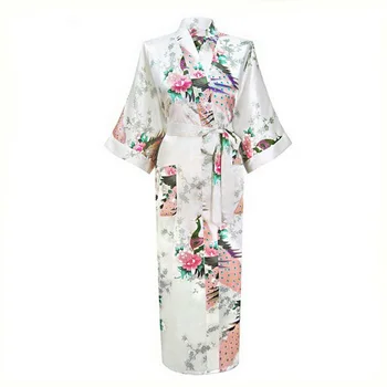 

White Chinese Female Sexy V-neck Robes Rayon Silk Sleepwear Long Printed Nightgown Wedding Bride Robe Plus Size S To XXXL