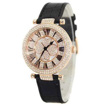 fashion lucky clover diamond dial genuine leather strap lady watch