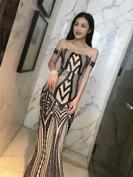 

Evening Party Fashion Sequined Long Dress Sexy Women Off The Shoulder Slash Neck Backless Celebrity Body Con Dresses Wholesale