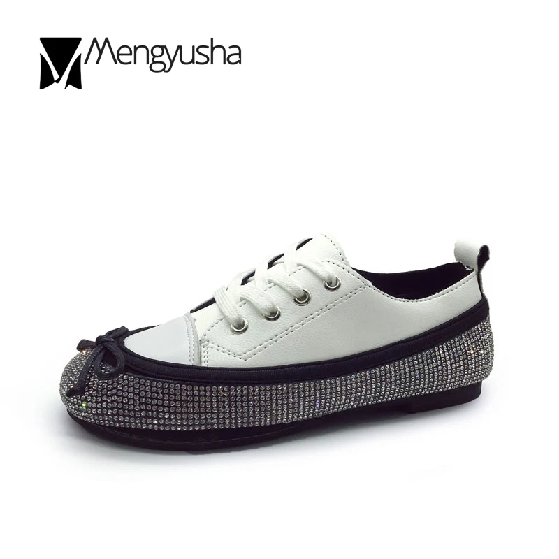 Lace Up Canvas Bow knot Flat Small White Shoes Student Crystal Heel