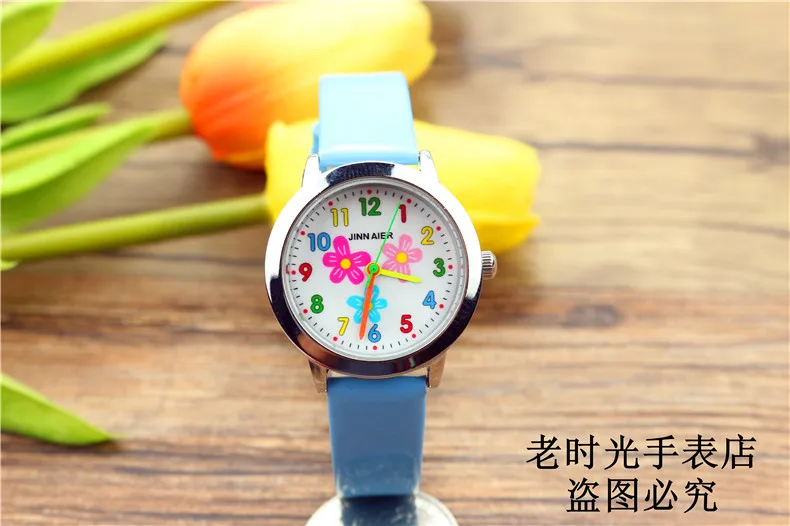 Красивые кварцевые часы с цветочным циферблатом для маленьких девочек, детские повседневные часы высокого качества с кожаным платьем, детские часы в подарок, Часы El reloj - Цвет: Синий