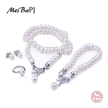 [Meibapj] настоящая культура жемчуга 925 стерлингов Серебряные ювелирные изделия комплект браслет Цепочки и ожерелья Серьги и кольцо для Для женщин свадебные аксессуары