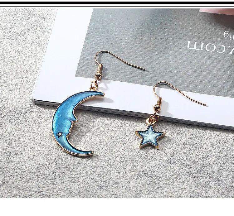 HTB19CyNIQOWBuNjSsppq6xPgpXaW - 2018 Fashion Korean Romantic Girls Blue Heart Star Moon Long Asymmetric Dangle Drop Earrings Variety Personality Cute Jewelry