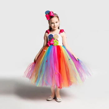 Girls Rainbow Candy Dress Kids Lollipop Modeling Frock Baby Girl Performance Costumes Summer Children Birthday Party Clothes 6