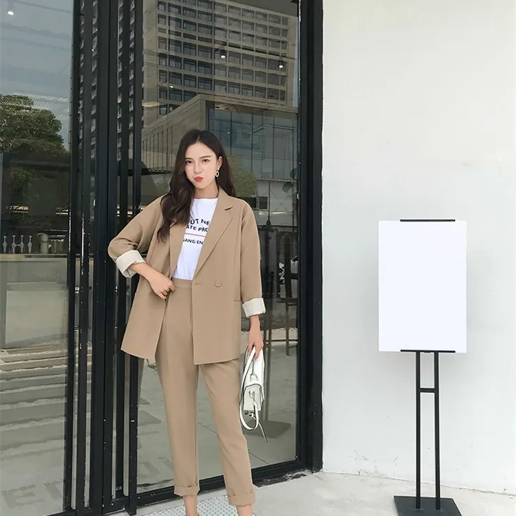 

Autumn Casual Two Piece Sets Women Double Breasted Khaki Pant Suits Notched Collar Blazer And Pencil Pant Work Sets