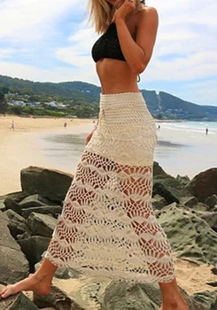 

New Knitted Hollow Out Lace Beach Dress Women Summer Sexy Crochet High Waist Bodycon Long Beach Skirt Swimwear