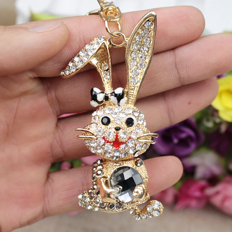 

Rabbit Crystal Rhinestone Bag Pendant Key chains Holder women Keyring Keychain For Car Fashion Jewelry Lovely Bowknot