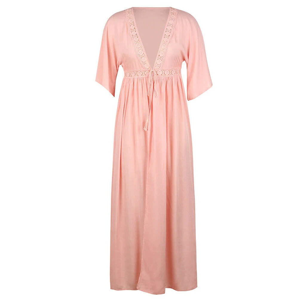 

Solid Women Dress Maxi Swimwear Drawstring Beach Wear V Neck Holiday Sexy Long Bikini Cover Up Summer Lace Short Sleeve