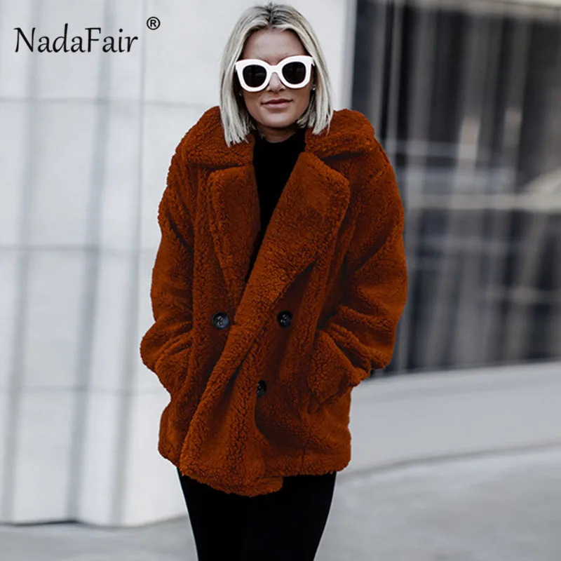 Nadafair plus size fleece faux fur jacket coat women winter pockets thick teddy coat female soft plush overcoat veste fourrure Nadafair plus size fleece faux fur jacket coat women winter pockets thick teddy coat female soft plush overcoat veste fourrure