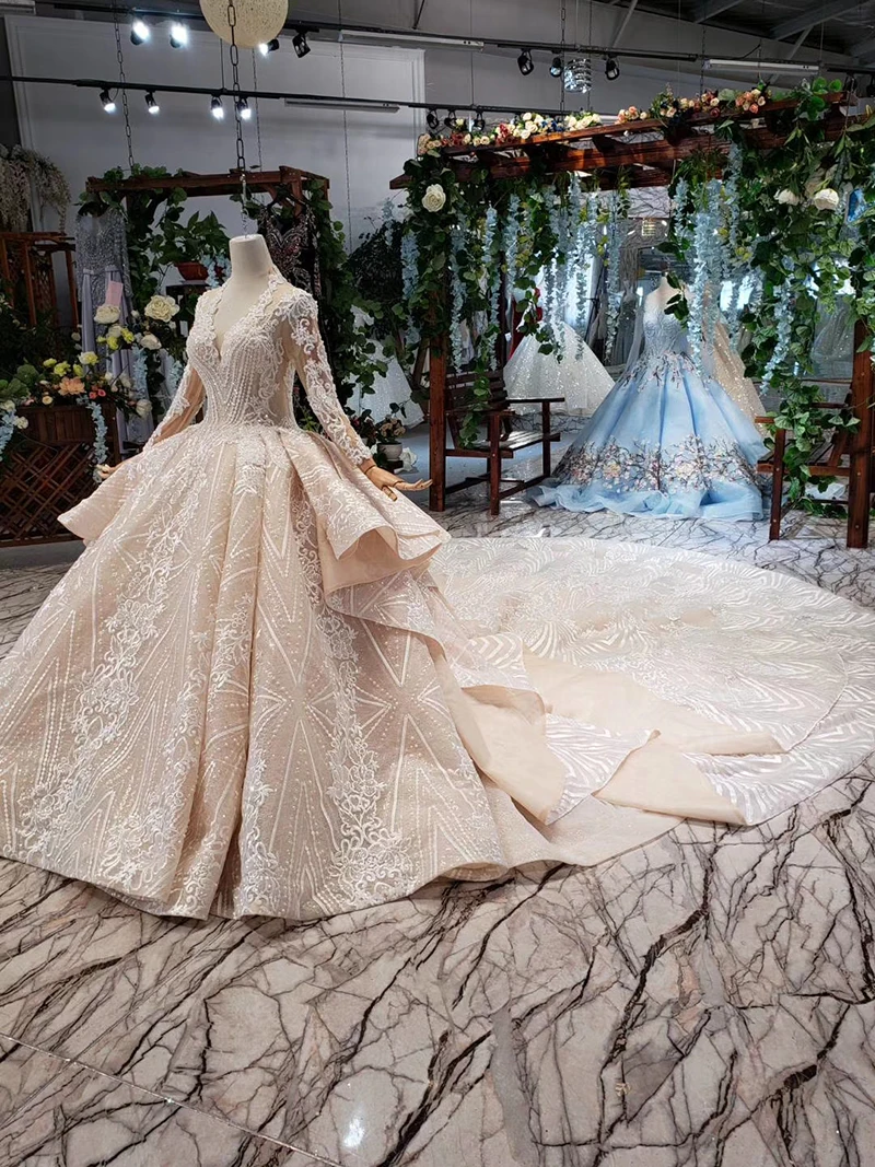 HTL433 long sleeves lace wedding dresses with train v-neck open back puffy ruffle wedding gowns heavy handwork robe de mariee (2)