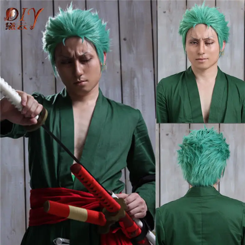 ONE PIECE Anime Roronoa Zoro Men Short Green Wavy Hair Cosplay Costume ...