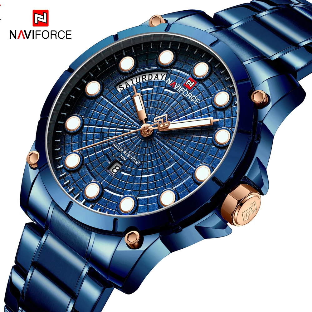 Мужские часы Топ бренд NAVIFORCE модные синие полностью Стальные наручные