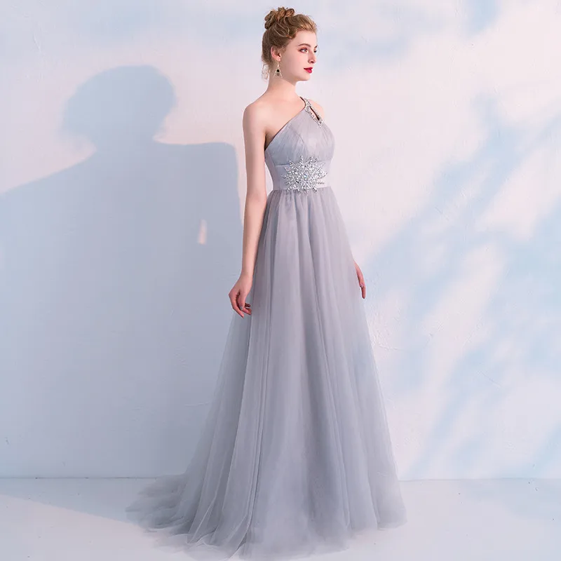 Sexy One Shoulder Evening Dress Long Tulle Crystal Party Abendkleider Evening Gown Robe De Soiree Prom Gowns Elegant Sexy One Shoulder Evening Dress Long Tulle Crystal Party Abendkleider Evening Gown Robe De Soiree Prom Gowns Elegant
