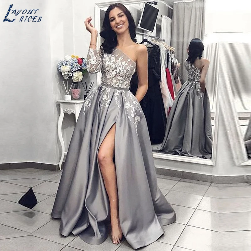 

SHJ869 Simple One Shoulder Split Evening Dress 2019 Sexy Satin Evening Maxi Dress A-Line Elegant Robe De Soiree