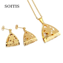 

SOITIS 316L Stainless Steel Triangle Flower Pattern Women Female Necklace Earrings Top Quality Jewerly SetGold Color