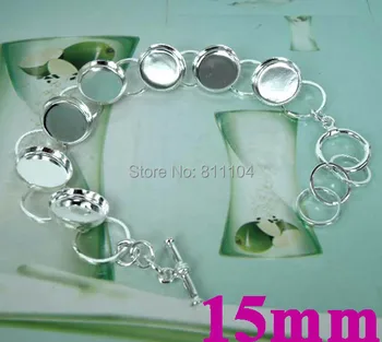 

15mm New Silver tone Round Circle Deep Edge Bezel tray Lobster Clasp Link Chain Cabochon cuff Bracelet Settings Blank Wholesale
