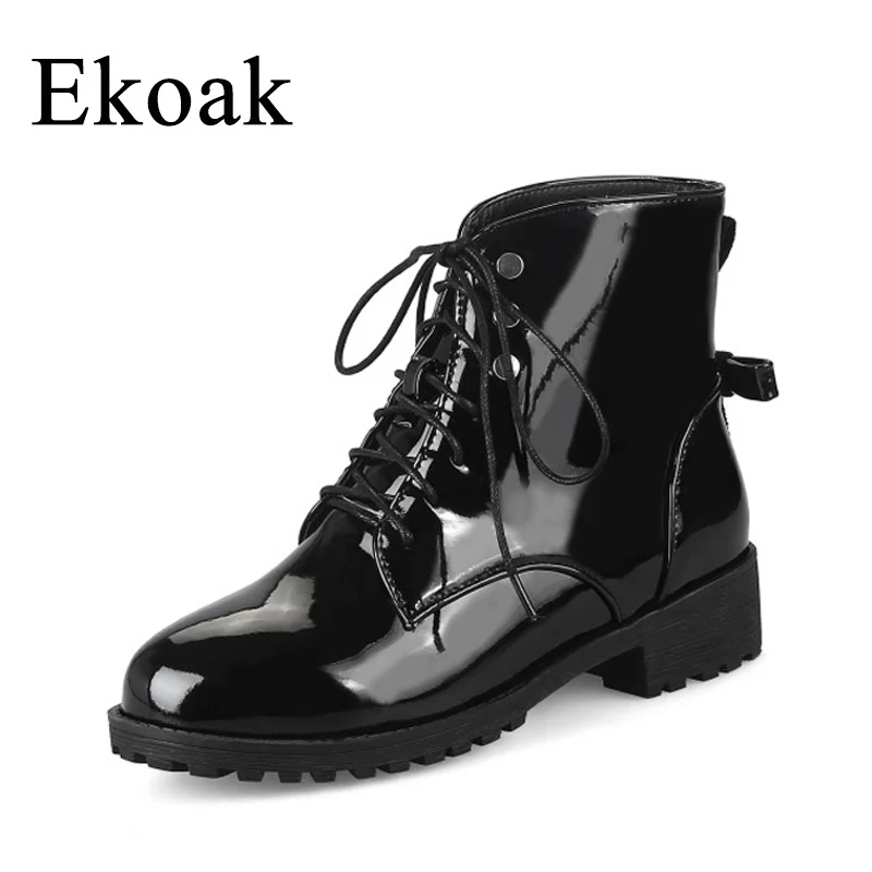 

Ekoak Sexy Middle Heels Metal Rivets Motorcycle Boots Lace-Up Autumn Leather Ankle Boots for Women Ladies Shoes Woman