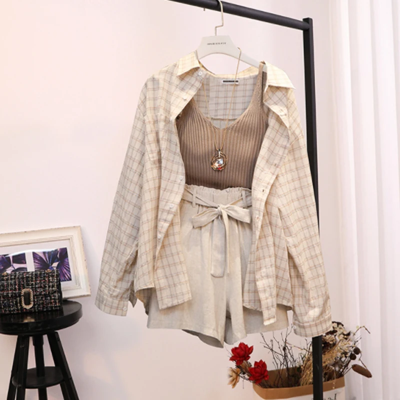 

Casual Linen Plaid Tops + Shorts Elastic Waist Belt Wide Leg Pants Suit Set 3 Piece Set 2019 Women Three piece sets