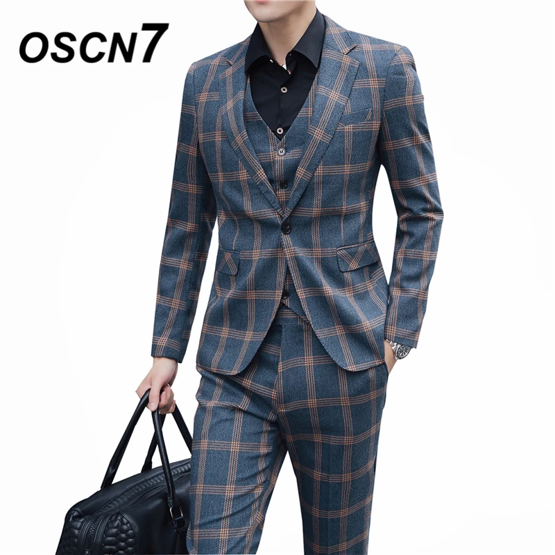OSCN7 Casual Business Yellow Check 3 Piece Suit Men 2019 Wedding Dress